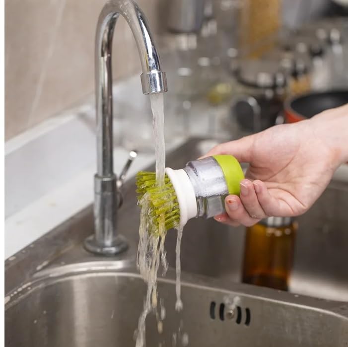 Image of Palm Scrub Brush for Dishes with Soap Dispenser - Kitchen Cleaning Tool - Kitchen Brushes for Dishes (Green)