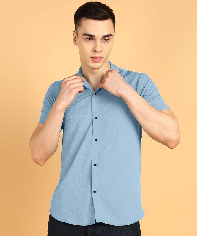 Image of COMBRAIDED Men's Solid Cotton Blend Half Sleeve Shirt - Regular Fit Casual Button-Down Shirt for Office & Travel - Summer & Spring
