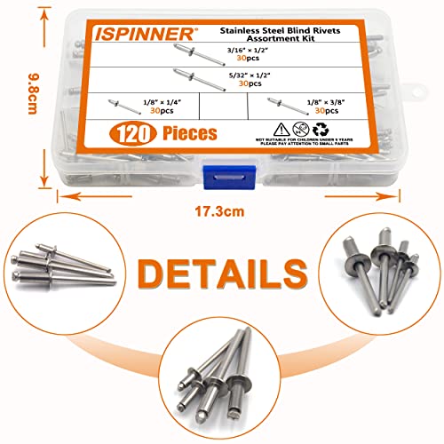 Rivets aveugles en acier inoxydable 304 ISPINNER coffret de 120 pièces pour assemblage fixe