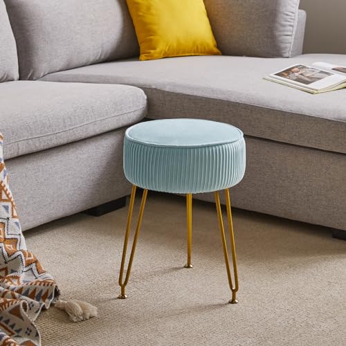 IBUYKE-Velvet-Round-Footrest-Stool-Ottoman-Makeup-Vanity-Stool-Side-Table-Velvet-Dressing-Table-Seat-Pouf-Couch-Stool-Golden-Steel-Legs-Blue-LG-30H IBUYKE Velvet Round Footrest Stool Ottoman Makeup Vanity Stool Side Table Velvet Dressing Table Seat Pouf Couch Stool Golden Steel Legs Blue LG 30H