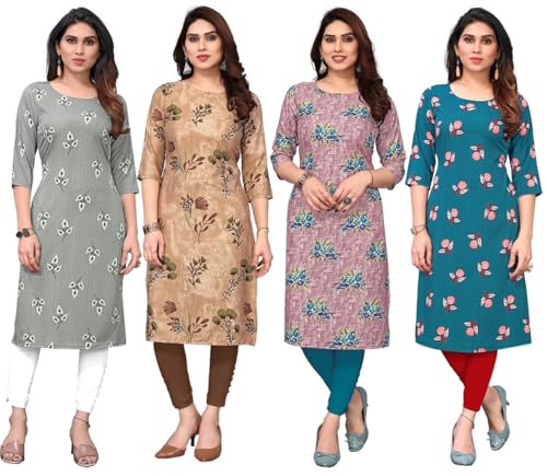 Image of JAKHANA Women's Crepe Printed Casual Straight Calf Length Round Nick Kurta Pack of 4