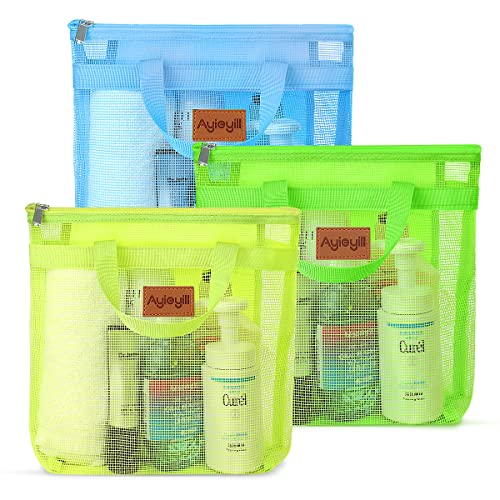 3 Pcs Portable Mesh Shower Caddy Tote, Quick Dry Tote Bag Mesh Beach Bags for Women, Hanging Toiletry and Bath Organizer for Travel Swimming Sports Gym Camp Shopping College Dorms (Blue Green Yellow)