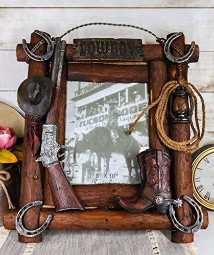 Ebros Gift Rustic Western Wild West Cowboy Hat Rifle Boot Spur Horseshoes Braided Lasso Ropes Picture Frame with Easel Back Stand Or Wall Hanger Cowboys Cowgirls Desert Old World Themed Accent