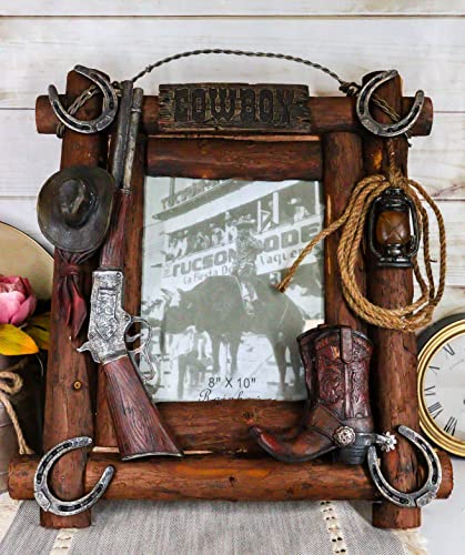 Ebros Gift Rustic Western Wild West Cowboy Hat Rifle Boot Spur Horseshoes Braided Lasso Ropes Picture Frame With Easel Back Stand Or Wall Hanger Cowboys Cowgirls Desert Old World Themed Accent #TOP3