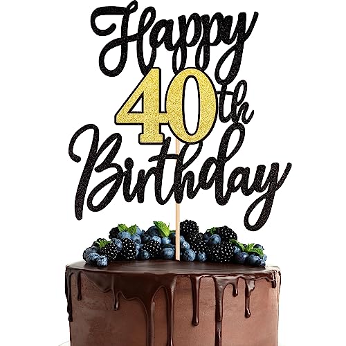 1 PCS Happy 40th Birthday Cake Topper Black Gold Glitter Cheers to 40 Years Birthday Cake Pick 40 Fabulous Cake Decoration for Happy 40th Birthday Anniversary Party Cake Decorations Supplies