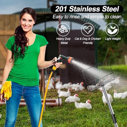 Image of 10 inch Large Chicken Poop Scooper for Sand for Shavings 74 inch Heavy Duty Pooper Scooper Long Handle Chicken Coop Scoop for Cleaning Tools and Rake 5-in-1 Sifting Shovel for Chicken Scoop supplies