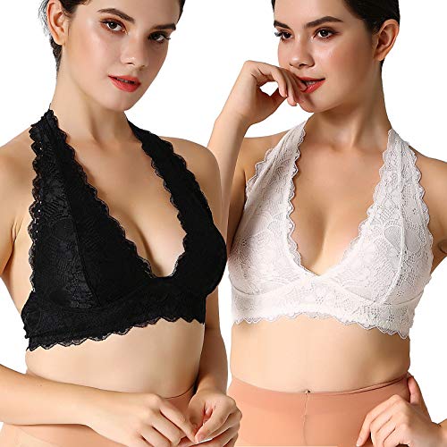 Floral Lace Halter Bra Bralette Top Hook and Eye Closure Back Unpadded Wirefree Lace Bra (M