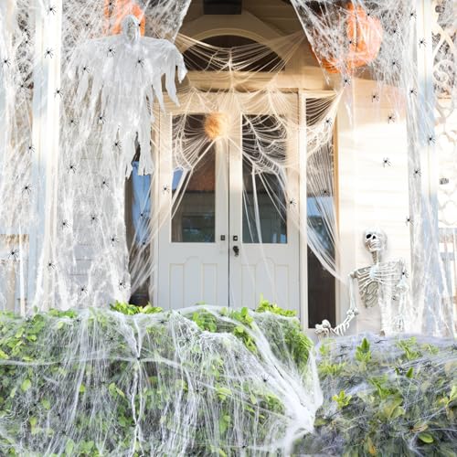 1400 Sqft Spider Webs Halloween Decorations Outdoor- Extra Wide Cobwebs + 150 Fake Spiders for Bushes/Fences, All-Weather Haunted House, Classroom Crafts & Photo Backdrop, Halloween Decor