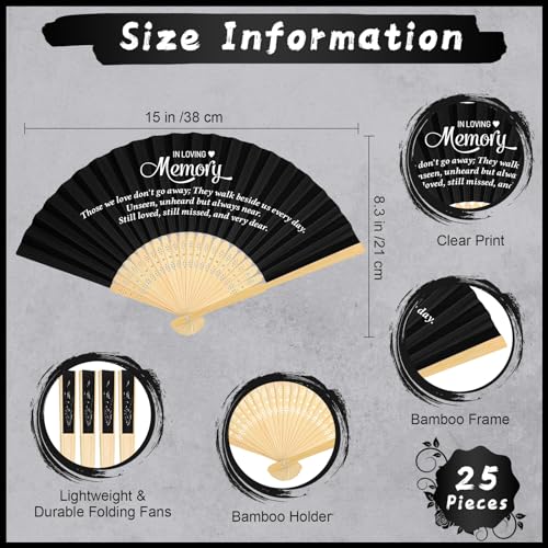 Image of Threehoney 25 Pack Funeral Favors for Guests in Loving Memory Handheld Fans Black Paper Folding Hand Fan Bulk Funeral Gifts for Services Condolence Sympathy Accessories