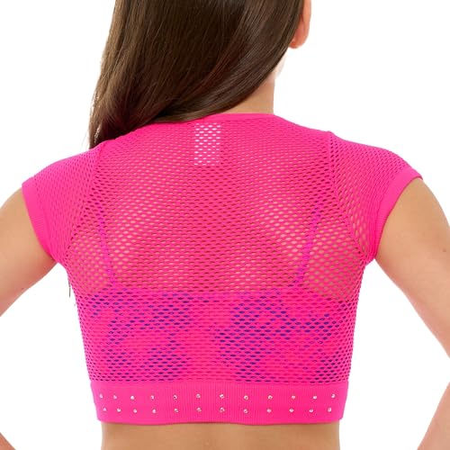 Girls Back to School Mesh Crop Top with Sparkling Rhinestones Short Sleeve Breathable Dance Shirt Age 7 to 144