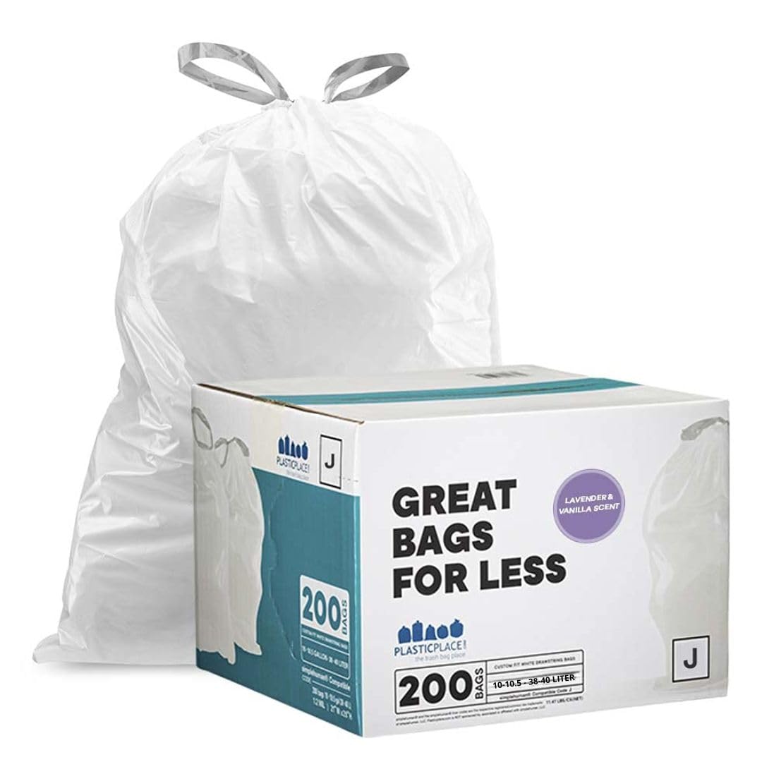 Plasticplace White Drawstring Lavender and Soft Vanilla Scented Garbage Can Liners, Compatible with Code J (200 Count) 10-10.5 Gallon / 38-40 Liter, 21" x 28 "