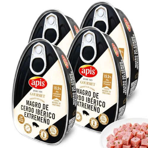 Magro de cerdo iberico Apis, Elaborado con la carne más noble y menos grasa de la paleta de cerdo ibérico, Sin azucares añadidos, Sin Gluten, Sin lactosa, Contiene 4 Latas de 200 gr
