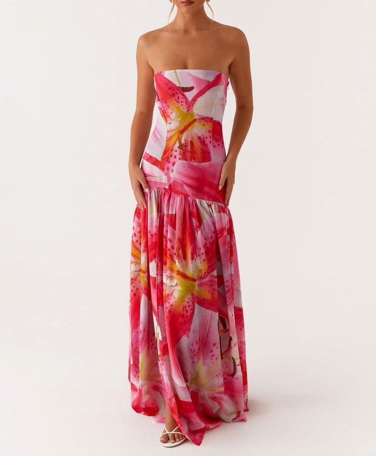 Image of Women Floral Strapless Maxi Dress Y2K Bodycon Tube Long Dresses Sexy Party Formal Cocktail Beach Slit Dress