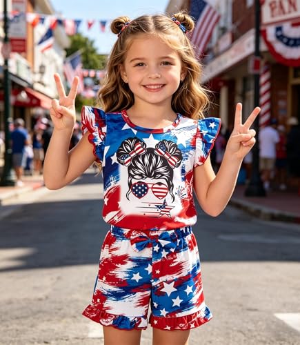 Image of Barlver Girls 2 Piece Short Set Baby Girl Summer Clothes Ruffle Sleeve T-Shirt and Bow Knot Shorts Toddler Girl Outfit Set