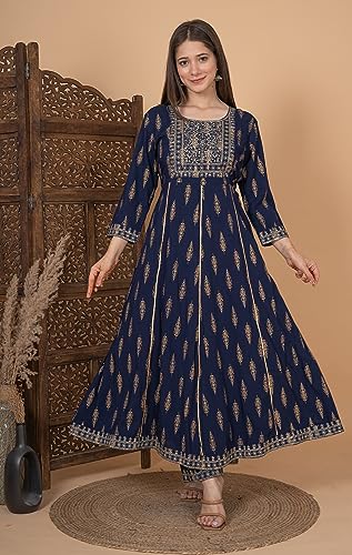 Image of MEERA FAB Women's Rayon Printed Blue Anarkali Kurta with Palazzo & Dupatta Set