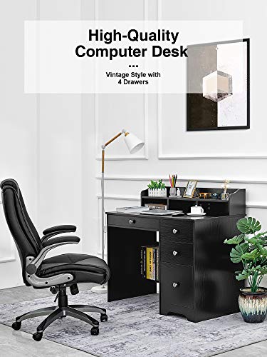Computer Desk with Drawers and Hutch Shelf, Wood Frame Home Office Desk with Spacious Desktop, Writing Study Table PC Laptop Notebook Desk, Black
