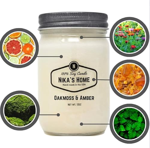 Nika's Home Oakmoss & Amber Soy Candle 12Oz Mason Jar Non-Toxic White Soy Handmade, Long Burning 50-60 Hours Highly Scented All Natural, Clean Burning Candle Gift Décor #TOP7