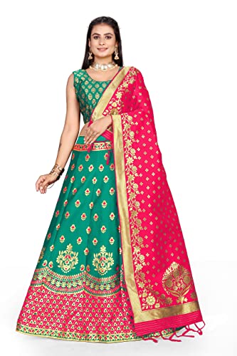 Image of LAHER Girl's Casual Wear Heavy Banarsi Jacquard Soft Silk Bridal Semi-Stitched Lehanga Choli With Dupatta Set.