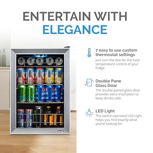 NewAir Beverage Refrigerator Cooler, 90 Can Capacity Fridge in Stainless Steel, Adjustable Shelves and Glass Door, Small Refrigerator, Beer or Soda Can Organizer, Mini Fridge for Bedroom, Home Office