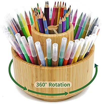 VaeFae Bamboo Pen Holder Organizer, Round Rotating Art Supply Organizer, Hold 420 Pencils, Desktop Storage for Marker Pens, Colored Pencil, Art Brushes, etc.