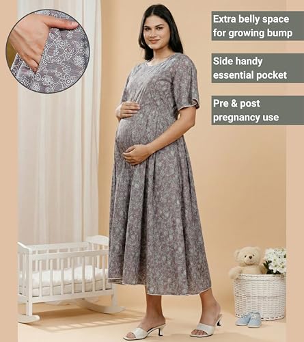 Image of DUMMY SHAPE Feeding Kurtis for Women Cotton Rayon | Printed Pregnancy Flare Kurta with Nursing Zippers to Pre & Post Partum | Maternity Dresses | Gifts for Pregnant Woman