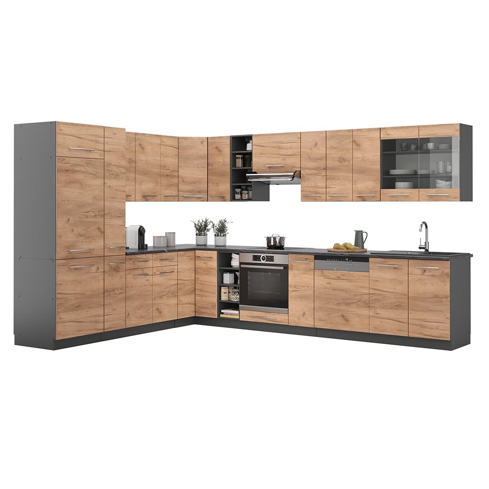 Vicco Cocina esquinera Fame-Line, Oro Power Roble/Antracita, 347 x 46 cm sin encimera, para una planificación Flexible de la Cocina y ampliación Modular