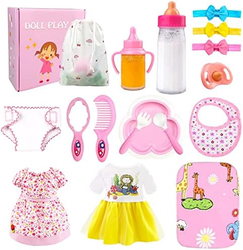 BNUZEIYI Baby Doll Accessories - Baby Doll Feeding and Caring Set with Bottles Doll Diaper and Changing Mat, Doll Stuff Doll Clothes fit 14-16 Inch Doll, 18 Inch Doll Pretend Play Set for Girls Gift