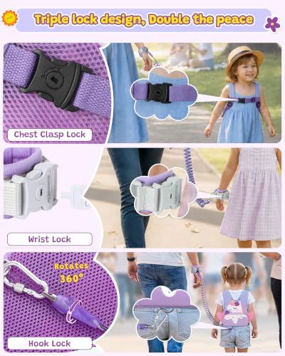Image of Dr.meter 3 in 1 Toddler Harness Leash with Key Lock for Girls Cute Unicorn | Kid Safety Harness Tether for Girl+ 8.2ft Anti Lost Wrist Link Child Protective Leashes While Walking for Outdoor Activity