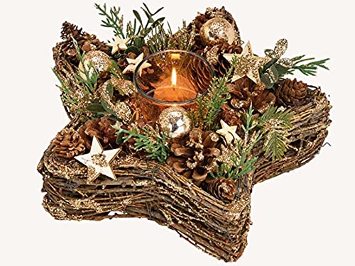 meindekoartikel Weihnachtsgesteck mit Teelichthalter Weihnachtsdekor aus Holz Kunststoff Glas (braun) (Stern - Ø 26 cm)
