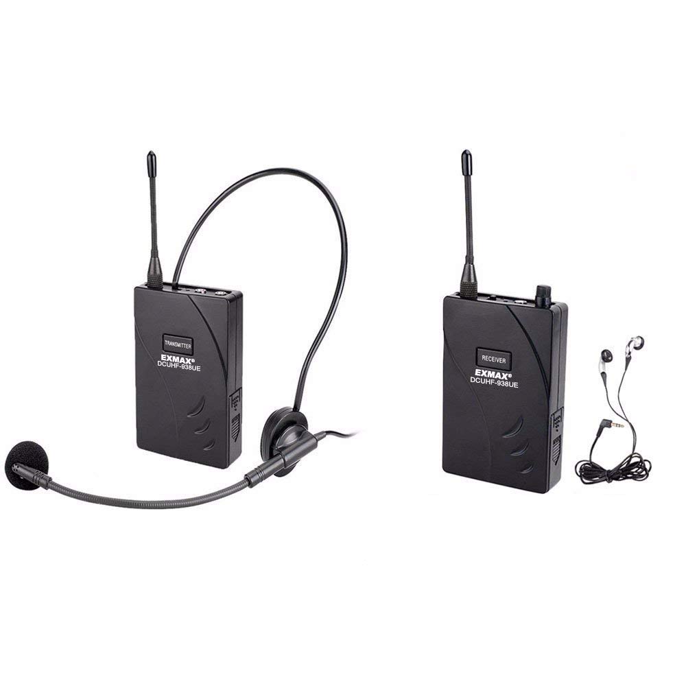 EXMAX EX-938 UHF Voice Acoustic Transmission Wireless Tour Guide Microphone System for Church Translation Audio Description Simultaneous Interpretation City Museum Tour - 1 Transmitter & 1 Receiver