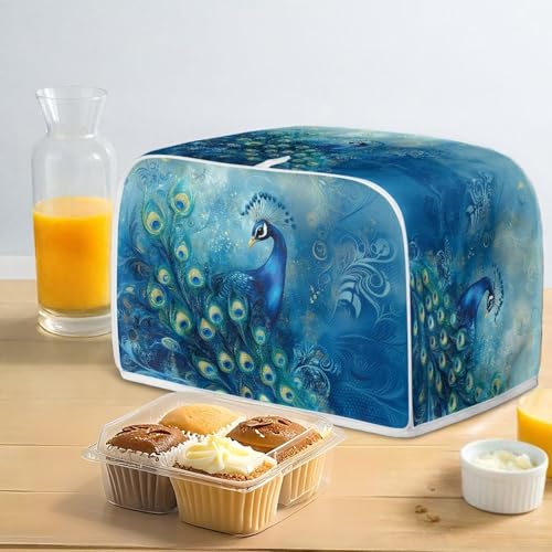 Image of Talayituse Blue Peacock Print Toaster Cover 2 Slice Wide Slot, Lightweight Dust Protection Washable Appliance Bag Bread Maker Cover, S
