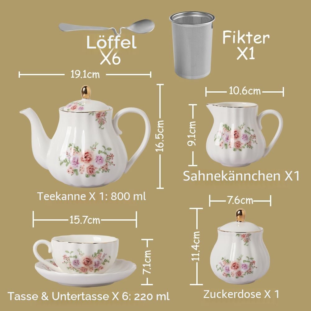 Sweejar Home 22 Stück Europäischen Stil Teeservice, und Untertasse Set, Keramik Kaffeeset, Teeset Royal Family aus Porzellan, für 6 Personen, 225 ml-Tassen Jadegrün