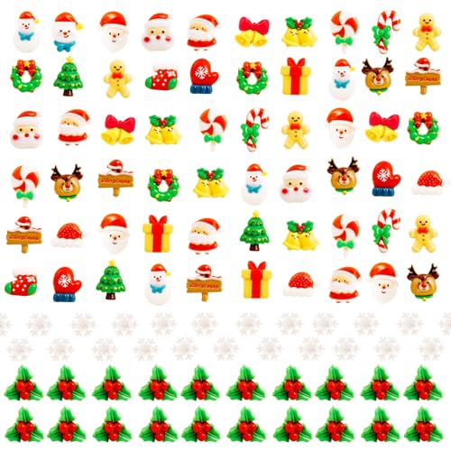 Hiawbon 170Pcs Christmas Miniature Figurines Assorted Craft Resin Christmas Miniature Ornaments Set Tiny Snowflakes Holly Leaves Berries Xmas Ornaments Decor for Fairy Garden