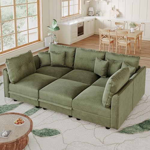 Image of LLappuil Modular Sectional Sleeper Sofa with Storage, U Shaped 6-Seat Corduroy Couch with 5 Throw Pillows, Convertible Sofa Set for Living Room & Small Space, Skin-Friendly & Soft, Green