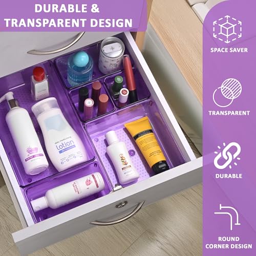 Image of Kuber Industries Acrylic Set of 7 Transparent Cosmetic Organizer Tray | Drawers Organisers for Kitchen, Office and Bathroom Vanity Makeup | Stationery Storage Drawer Divider Tray | Purple