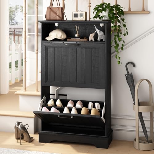 Image of 24 inch W Hidden Shoe Storage Cabinet with 2 Flip Drawers & Open Storage