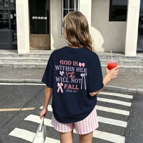 Image of Girls Christian Tees God is Within Her Jesus Shirt for Kids Faith Cute Graphic Bow Tshirt Inspirational Religious Top