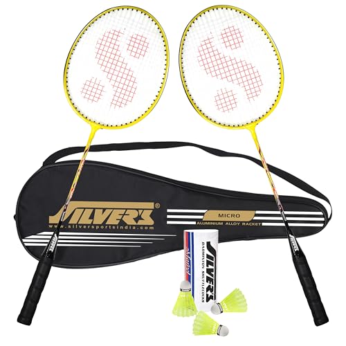 Silver's Aluminium Micro Badminton Kit (2 Racquets with Full Cover, 1 Box Shuttlecock Pack of 3) Black, Aluminium, Micro Combo 2 with Nylon Shuttle, Y