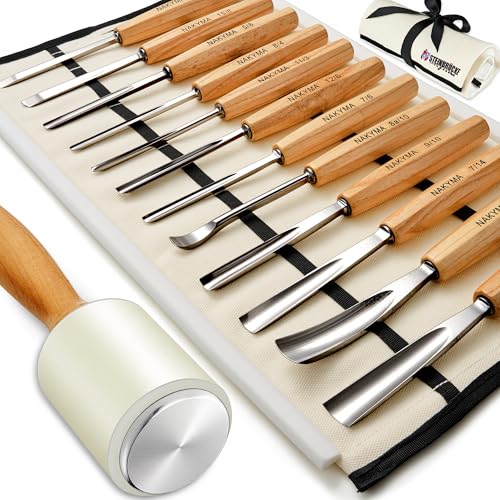 Wood Carving Kit, 12 PCS Wood Carving Set - Wood Carving Tools with Canvas Case,Sharp Cr-V 60 Steel Blades, Wood Chisel Sets for Beginners and Professionals