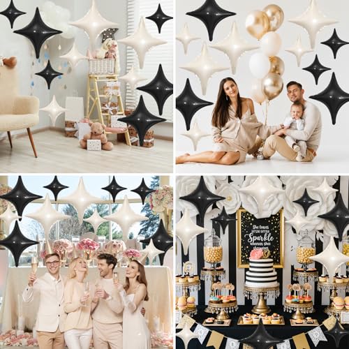 Image of Black White Star Balloons,12Pcs Four Angle Star Foil Balloons | 26Inch and 10Inch Black White Quadrangle Star Helium Balloon for Birthday Baby Shower Wedding Party Decorations