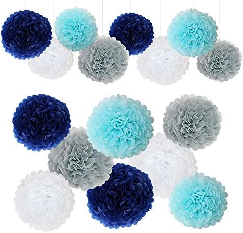 Navy Blue White Grey Wedding Decorations Tissue Paper Flowers Pom Poms Balls for Bridal Shower Bachelorette Baby Girl Boy Theme Birthday Party Supplies Set (Navy Blue, Grey, Light Blue,White)