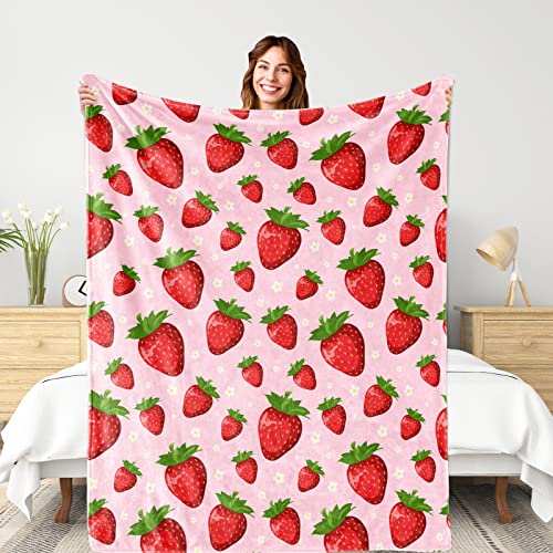 Image of Strawberry Throw Blanket for Women Kids, Strawberry Gifts for Girls Women Teens Mom Birthday, Soft Warm Cozy Fruit Pattern Fleece Blanket for Travel, Cute Pink Home Room Decor for Couch, Bed 50 inchx60 inch