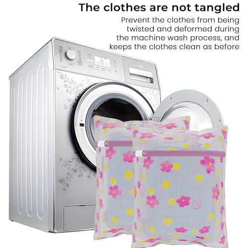 Image of Kuber Industries Set of 6 Polyester Mesh Laundry Bag with Zip | Reusable Washing Bags for Washing Machine | Ideal for Lingerie, Delicate Fabric & Shoes Protection | YZ-8-3 | Sunflower Design - Pink
