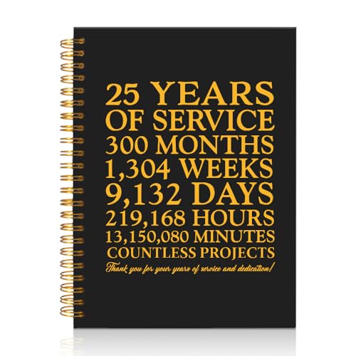 Mhfpl 25 Years of Service Black Golden Thank You Spiral Notebook,25th Anniversary Work Commemoration, Staff Service Recognition Gifts,Thank You 25 Years Work Gifts for Coworkers