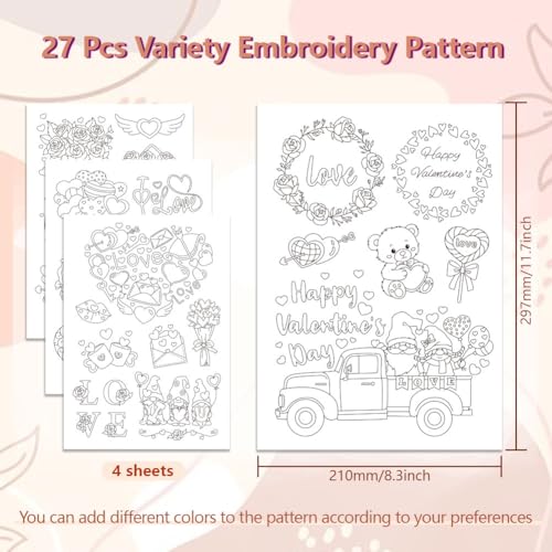 Image of Peacoblue Water Soluble Embroidery Patterns for Beginners, Valentine's Day Elements 4 Sheets with 27pcs, Wash Away Embroidery Pattern Stabilizer for Hand Sewing Lover Couple Women Adults