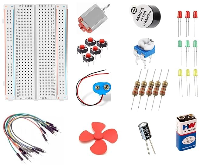 Electronics Projects Kit Breadboard || Motor || snap || 9v Battery || Fan || 5 Resistor || 9 led || Buzzer || 1k 102 || 6 * 6 * 5 Switch || 5 m2m Jumper Wire || 10uf 50 Volt-image-10