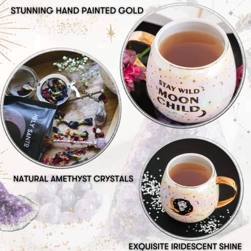 Holy Santo Fancy Coffee Mug Gift Set - Stay Wild Moon Child Witchy Mug With Crystal Spoon And Crystal Tea Infuser - Goth Novelty Mugs For Women Wife Mothers Day Witch Gifts, 500Ml Ceramic Tea Cup #TOP1