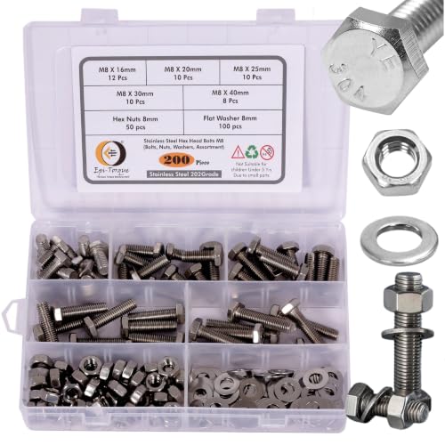 Image of Metric M8 Stainless Steel 202 Grade Hex Head Bolts Nuts & Washers Assortment Kit with Storage Box - 200 Pieces