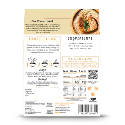 Image of Indic Roots Classic Hummus | Traditional Flavors Pantry | 50g | Just Add Water, Instant Food | Healthy Natural Ready to Eat | No MSG (Pack of 2)