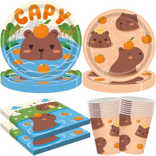Danbghyuo Louça Capybara, 80 peças conjunto de louça para festa Capybara, desenhos animados louça de festa, com conjunto de papel pratos, acessórios de louça para festas para 20 convidados
